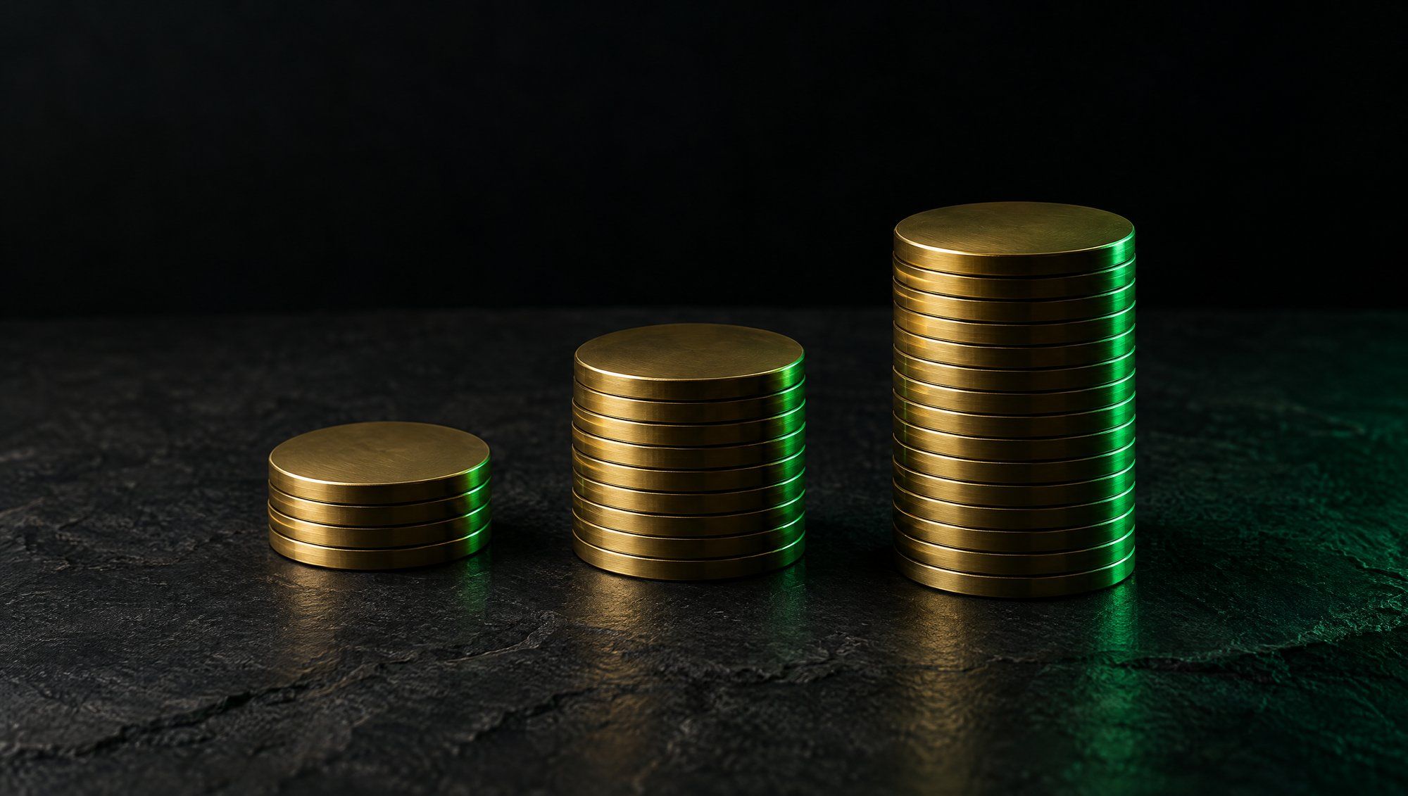 Three stacks of plain, unmarked brass discs of different heights on dark stone, edges lit green.