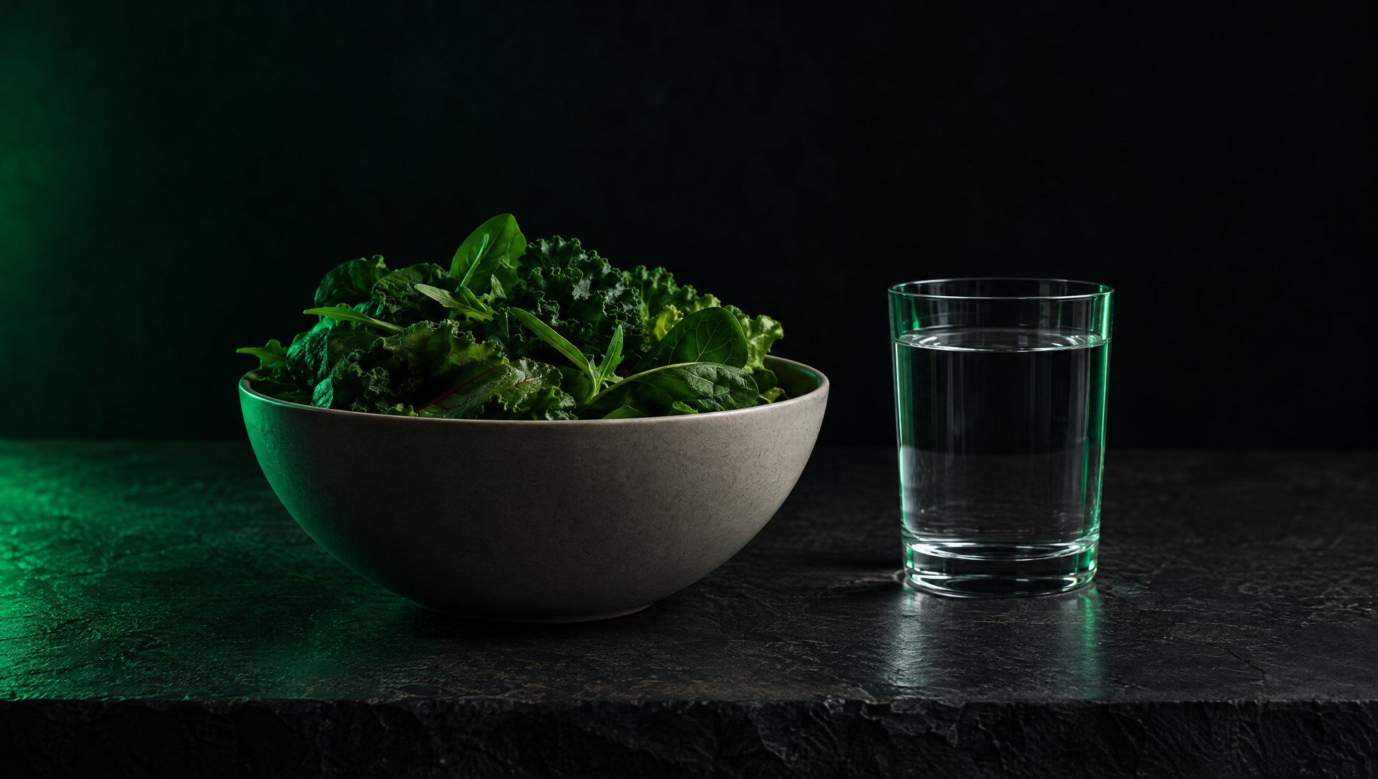 A ceramic bowl of fresh leafy greens beside a clear glass of water on a dark stone table, lit from the side by green light.