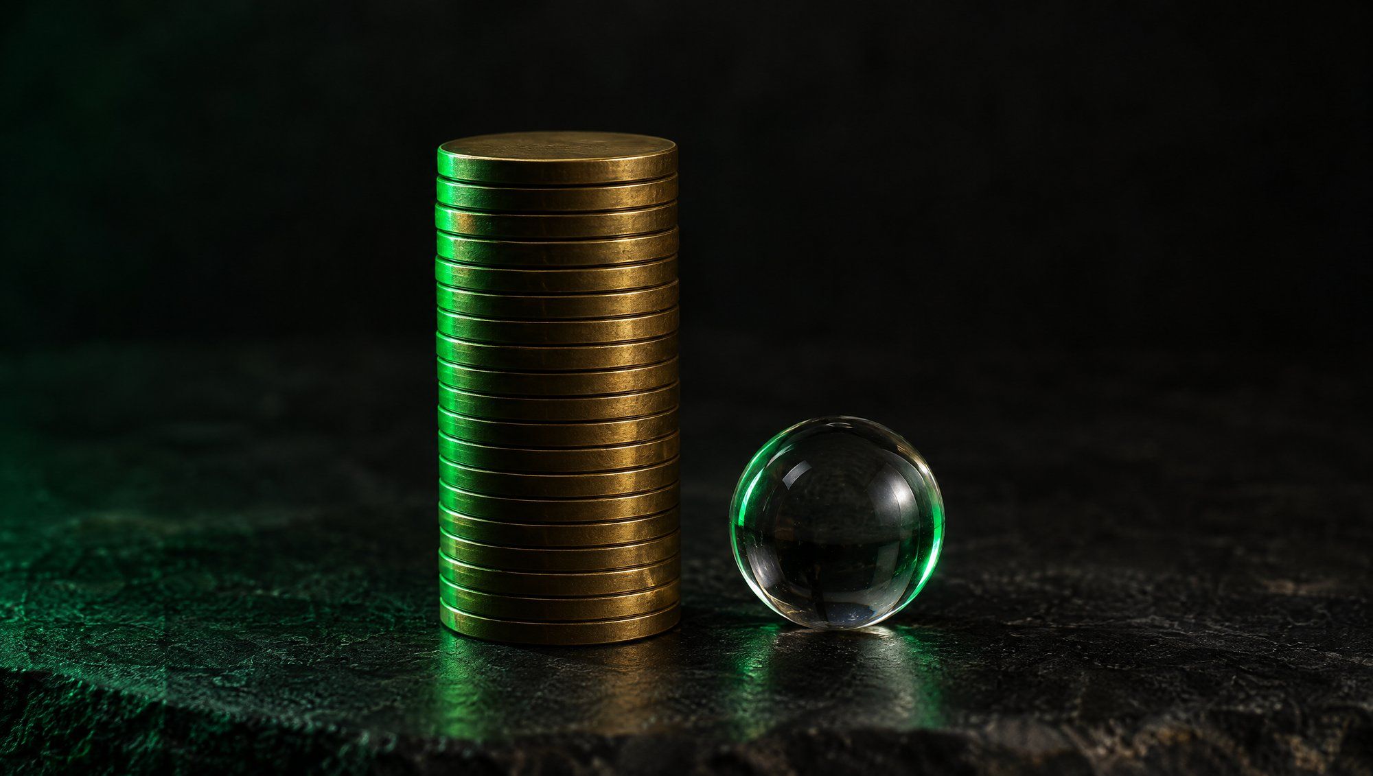 A single tall stack of plain, unmarked brass discs beside a small clear glass sphere on dark stone, with green light from the left catching the edges of the discs and the glass.
