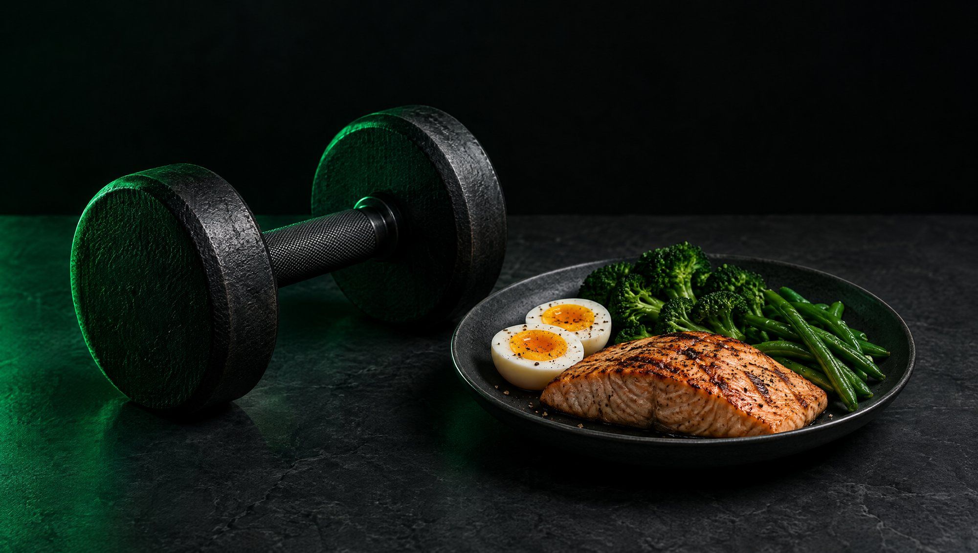 An iron dumbbell beside a plate of grilled salmon, halved boiled eggs, broccoli and green beans on dark stone.