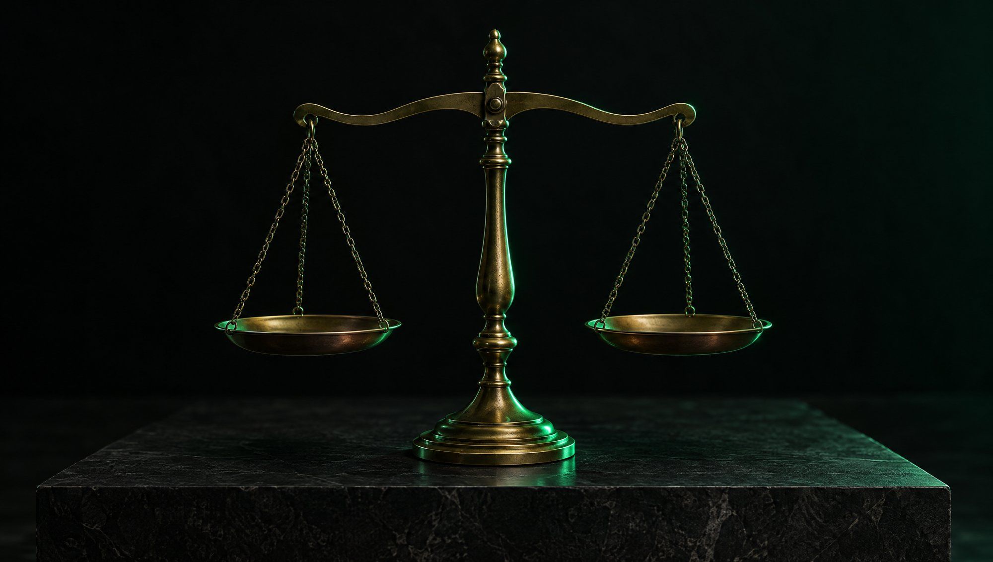 An empty brass balance with two shallow pans on a dark stone block, its curved beam and stand edged in green light against a black background.