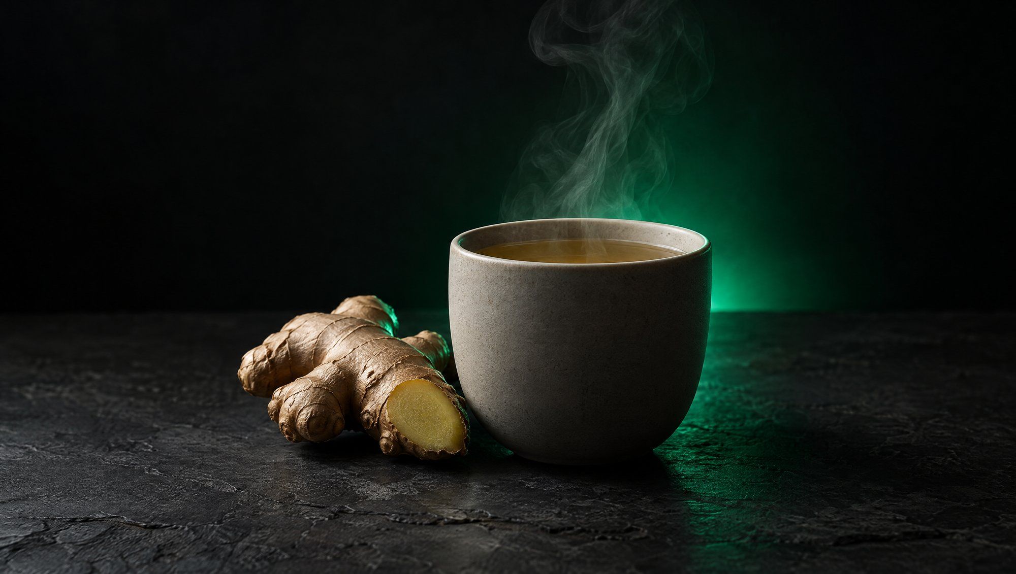 A steaming ceramic cup of ginger tea beside a piece of fresh ginger root on a dark stone table, with green light behind.