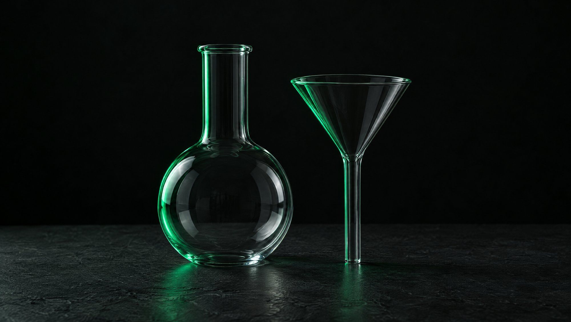 A clear round-bottom glass flask and a glass funnel standing together on dark stone, edges lit green.