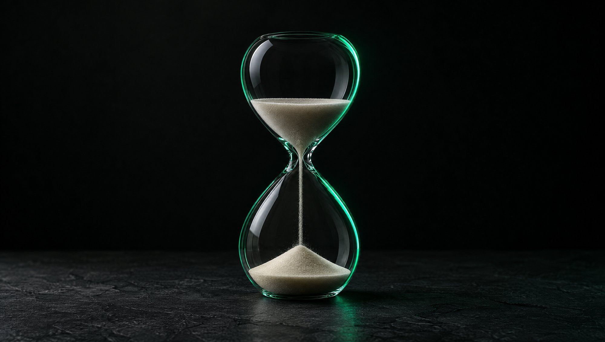 A clear glass hourglass with pale sand on dark stone, outlined by a green rim light.