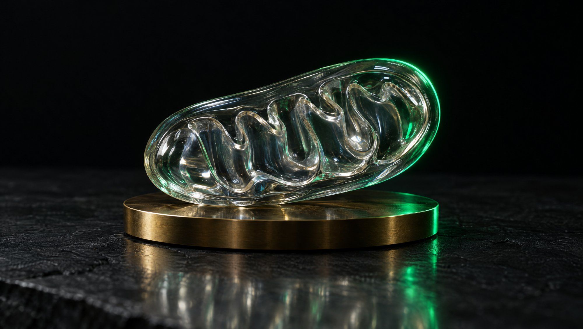 A clear glass sculpture shaped like a mitochondrion, with folded ridges inside, resting on a polished brass disc on dark slate, its far edge lit in emerald green against a black background.