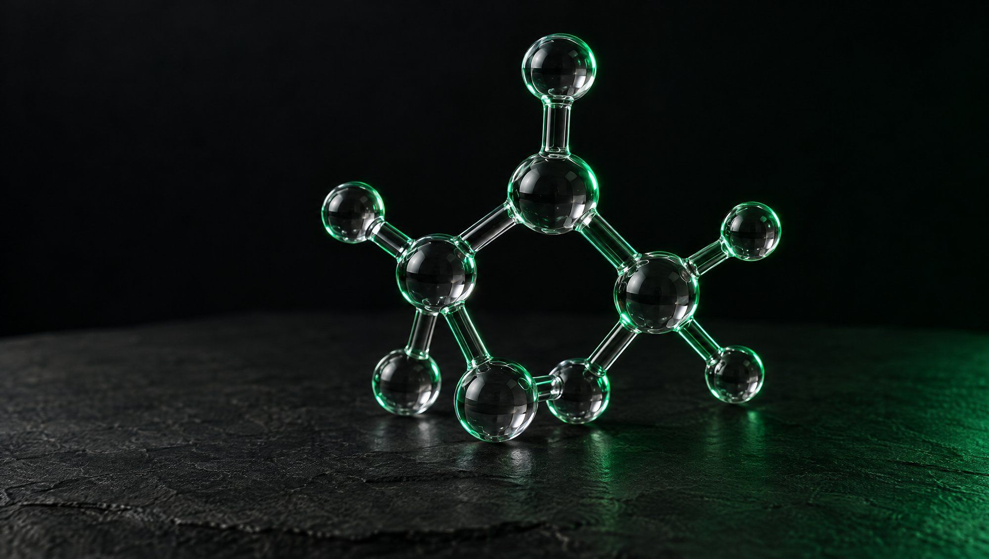 A clear glass ball-and-stick molecular model on dark stone, its edges lit by a green rim light against a black background.