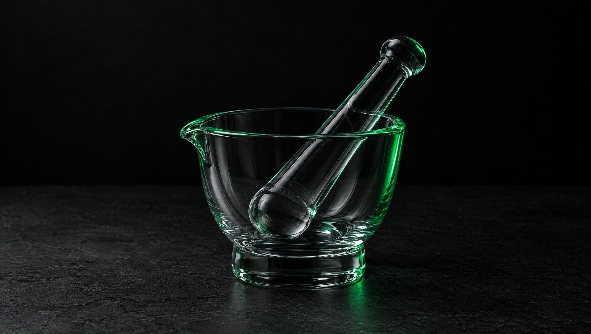 A clear glass mortar and pestle on dark stone, its curves lit by a green rim light.