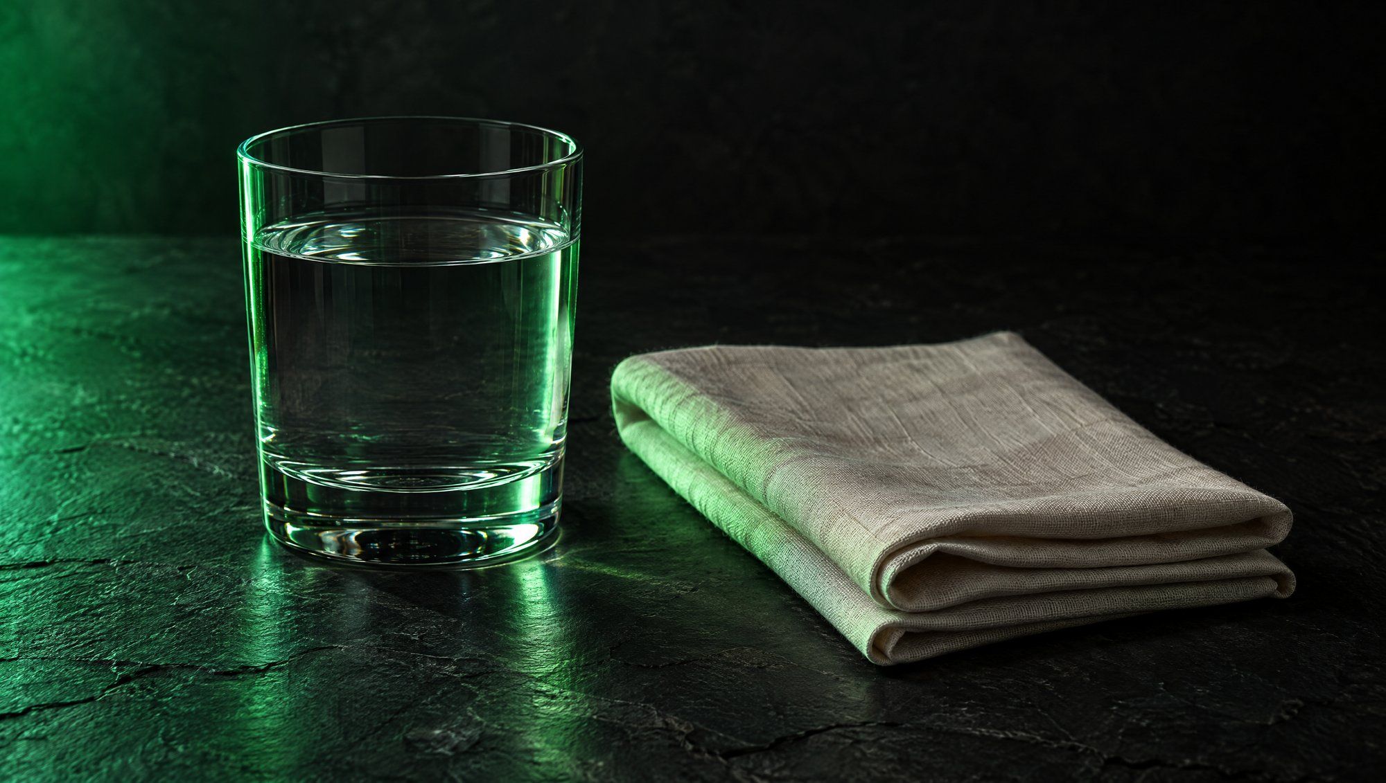 A clear glass of water beside a folded linen napkin on dark slate, with green light from the left catching the glass and the stone.