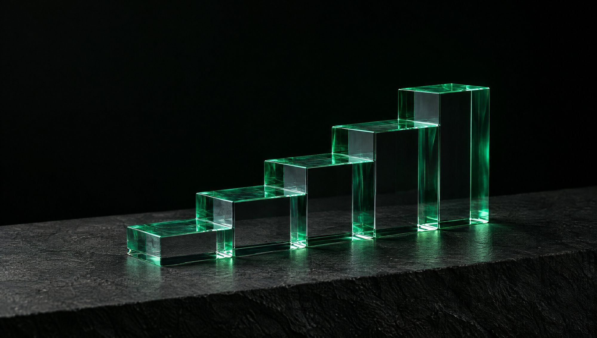 A small staircase of clear glass blocks rising from left to right on dark stone, edges lit green.