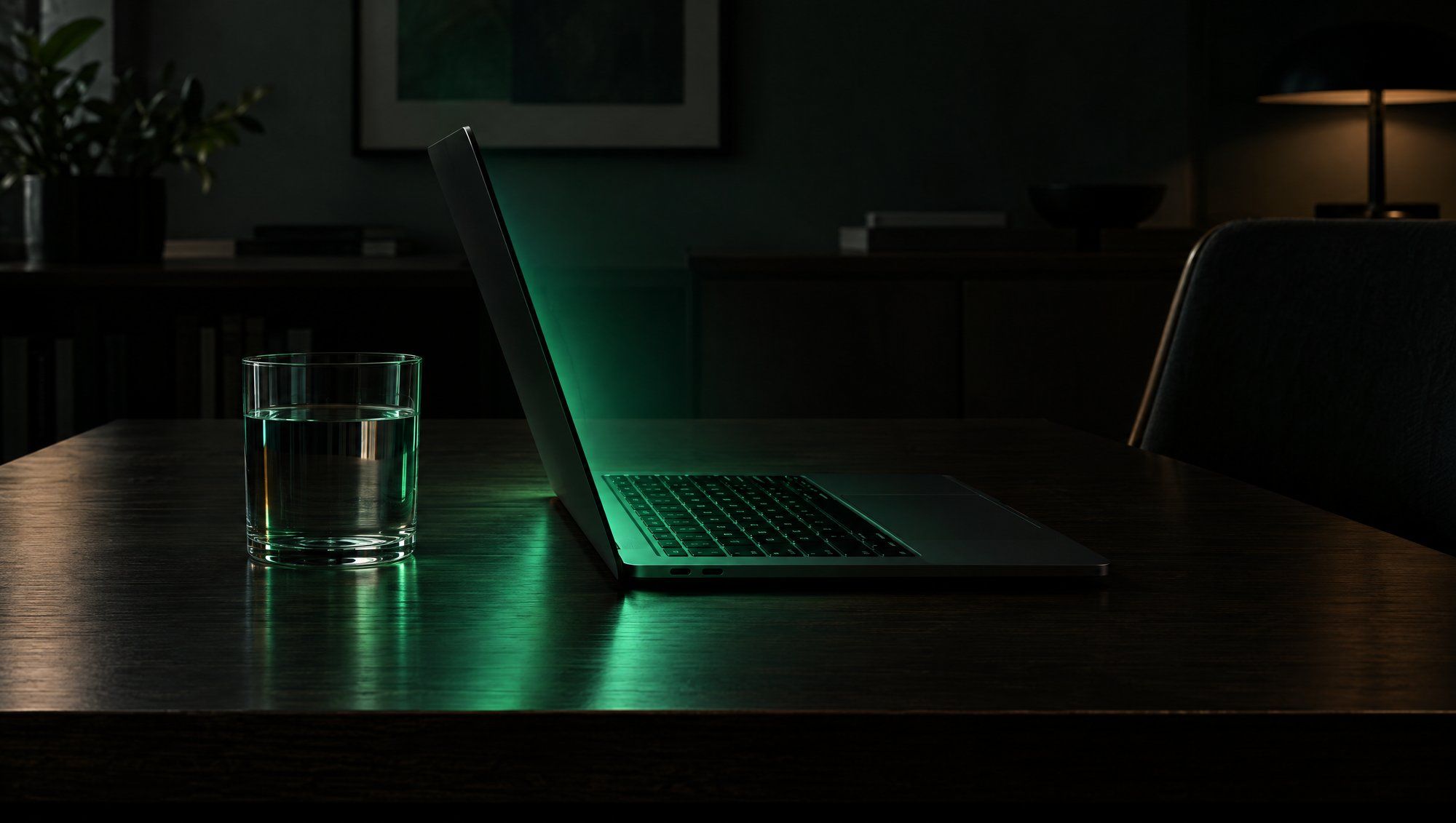 An open laptop seen from the side on a dark wooden desk, its screen casting green light, with a glass of water beside it in a dim room.