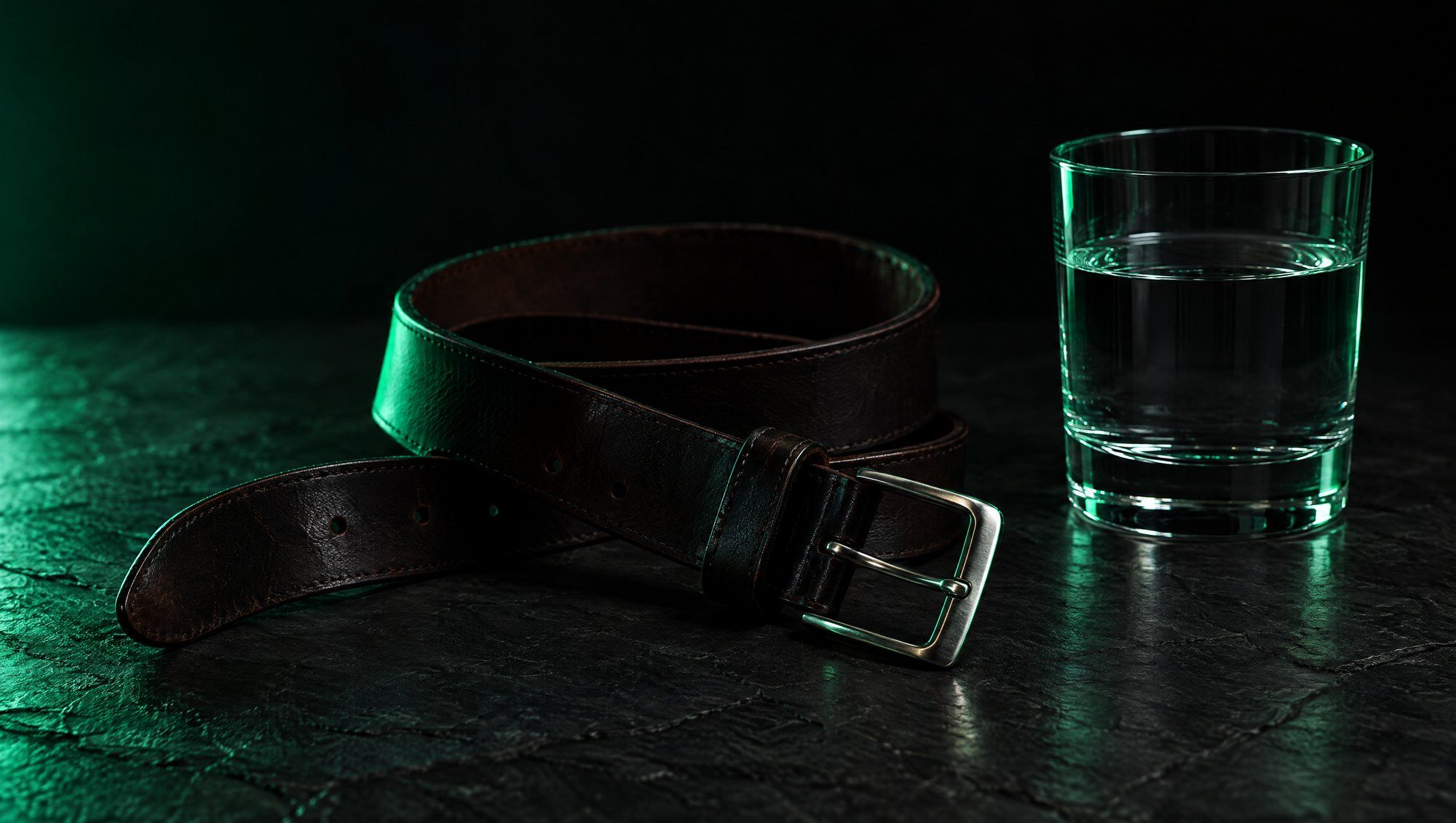 A loosened dark brown leather belt with a metal buckle coiled on dark slate beside a glass of water, with green light from the left catching the leather, the buckle and the glass.