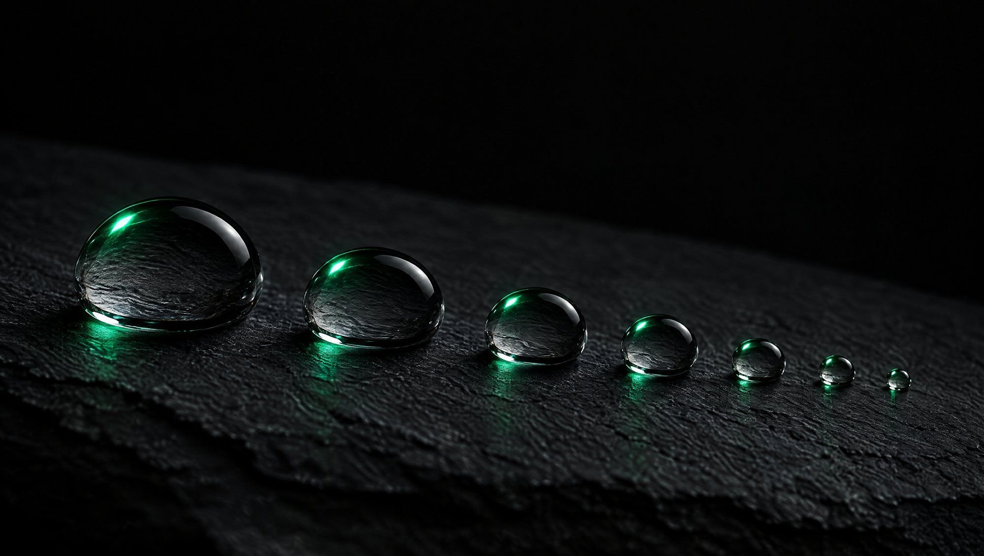 A row of clear water droplets getting smaller from left to right on dark slate, each catching a green highlight.