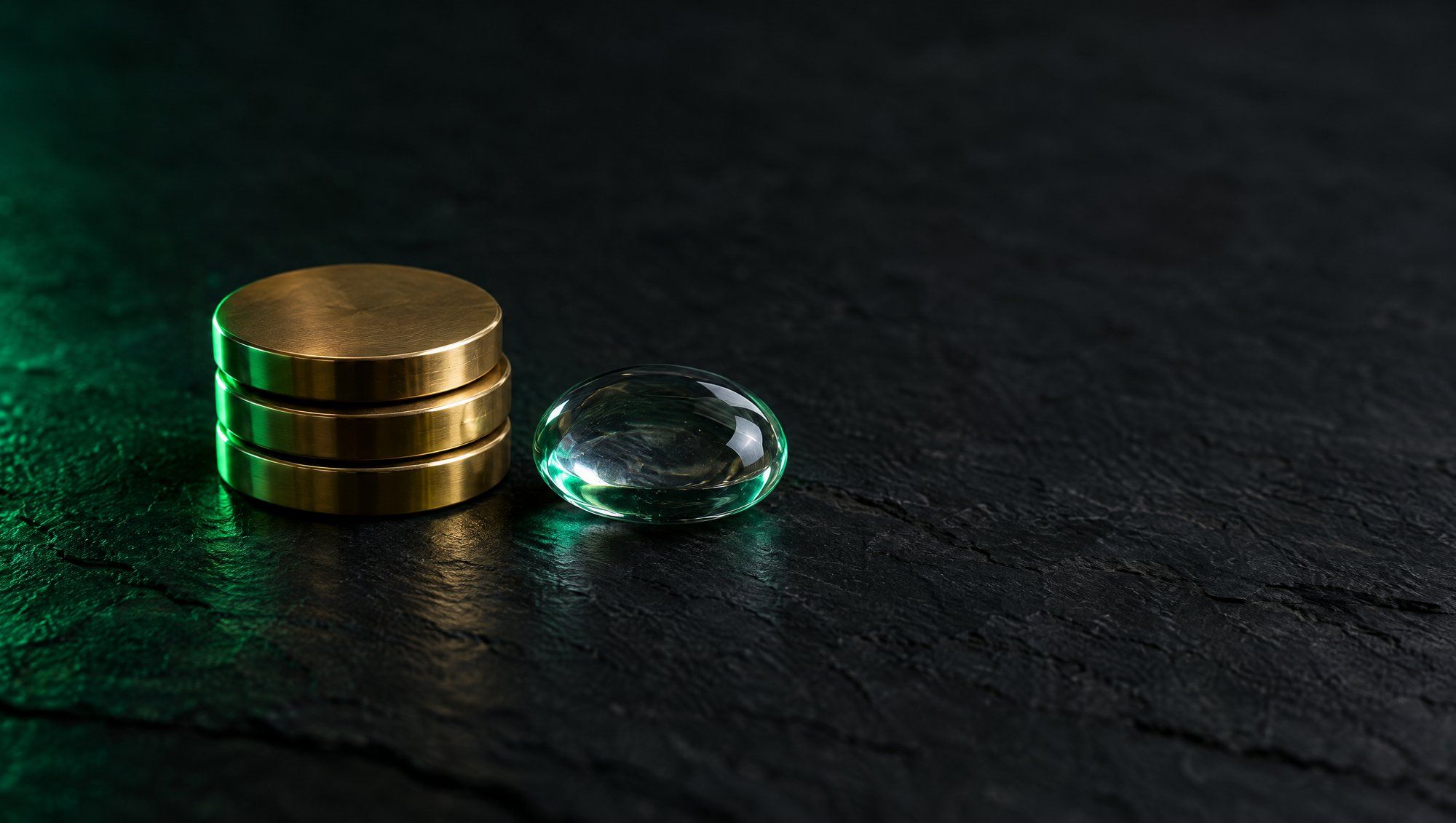 A stack of three polished brass discs beside a smooth clear glass pebble on dark slate, lit by green light from the left.